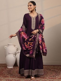 Libas - Burgundy Embroidered Full Sleeves Flared Evening Gown with Dupatta