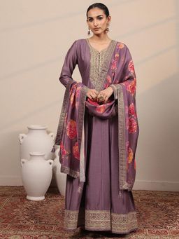 Libas - Lavender Embroidered Full Sleeves Flared Evening Gown with Dupatta