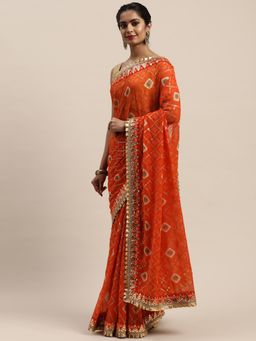 Vastranand - Orange Poly Georgette Printed Bandhani Saree with Unstitched Blouse