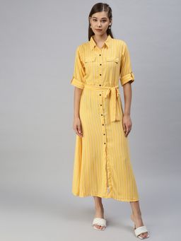 SHOWOFF - Women Striped Yellow Fit and Flare Dress
