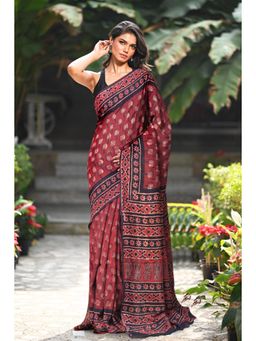 Unnati Silks - Maroon Pure Ajrakh Floral Print Soft Silk Saree with Unstitched Blouse