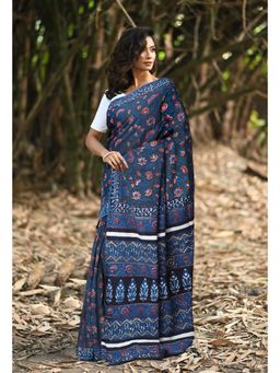 Unnati Silks - Blue Pure Ajrakh Floral Print Cotton Saree with Unstitched Blouse