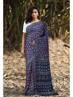 Unnati Silks - Blue Pure Ajrakh Printed Uppada Soft Silk Saree with Unstitched Blouse