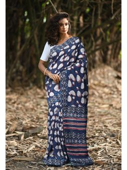 Unnati Silks - Black Pure Ajrakh Floral Print Soft Silk Saree with Unstitched Blouse