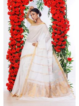 Unnati Silks - Ivory Pure Kerala Kasavu Cotton Saree with Unstitched Blouse