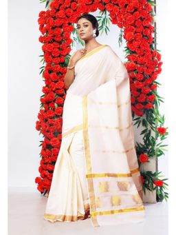 Unnati Silks - Ivory Pure Kerala Kasavu Cotton Saree with Unstitched Blouse