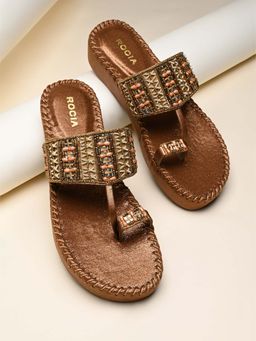 ROCIA - Antique Brown Women Embroidered Cushioned Sandals