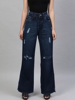 STREET 9 - Navy Blue Flared Slash Knee Jeans