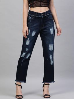 STREET 9 - Navy Blue Relaxed Fit Mid Rise Distressed Jeans