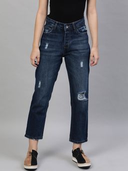 STREET 9 - Navy Blue Straight Fit Mid Rise Distressed Jeans