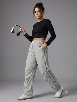 MIXT by Nykaa Fashion - Womens Solid Steel Grey Piping Detail Parachute Cargo Trouser