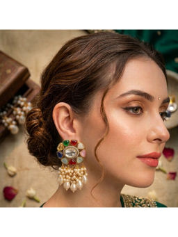 Ruby Raang Studio - Multi-Color Multi Kundan Drop Pearl Earrings