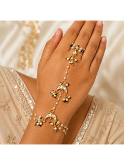 Ruby Raang Studio - White Kundan Moon Motif Hand Harness with Chain