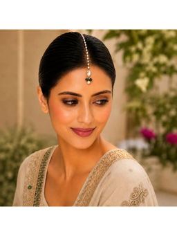 Ruby Raang Studio - Kundan Teardrop Maang Tikka with Emerald Green Bead Drops and Pearl Chain