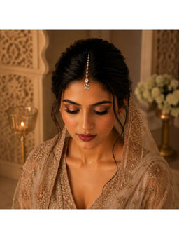 Ruby Raang Studio - Kundan Teardrop Maang Tikka with Green Jadau Stone and Pearl Chain