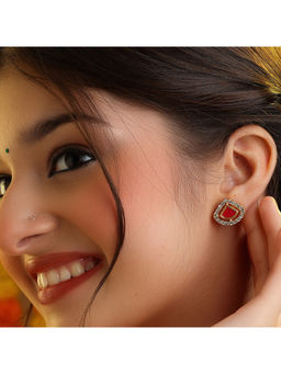 Ruby Raang Studio - Red Laal Shield CZ Halo Stud Earrings