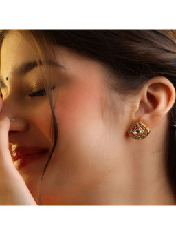 Ruby Raang Studio - White Polki Paan Meenakari Shield Stud Earrings