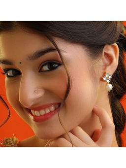 Ruby Raang Studio - White Chandra Kundan Pearl Drop Stud Earrings