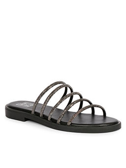 Viviblu - Women Black Leather Flats Gun Metallic Straps