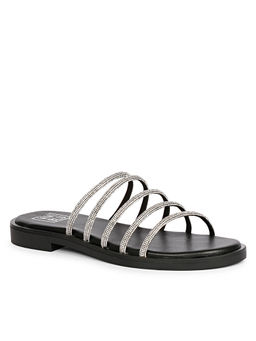 Viviblu - Women Silver & Black Leather Flats Gun Metallic Straps