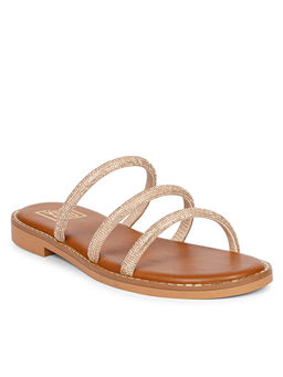 Viviblu - Women Tan Leather Flat Sandals Embellished Champagne Gold Straps