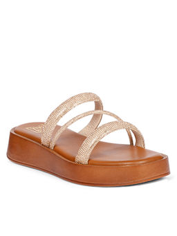 Viviblu - Women Cuoio Leather Platform Sandals Embellished Champagne Gold Straps