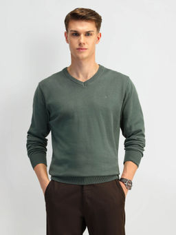 Arrow - Green Solid Cotton Sweater
