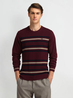 Arrow Sports - Maroon Horizontal Striped Regular Fit Sweater