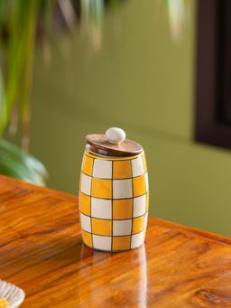 ExclusiveLane - 'Shatranj Checkered' Storage Jar & Container in Ceramic (Airtight, 600 ML, 6.1 Inch)