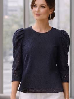 Style Quotient - Women Navy Blue Self Design Cotton Top