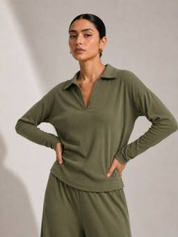 Slumber Jill - Women Olive AirLuxe Rib Full Sleeve Collared Top
