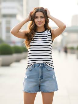LASOON - Women White Striped Sleeveless Fabric Regular Fit Top