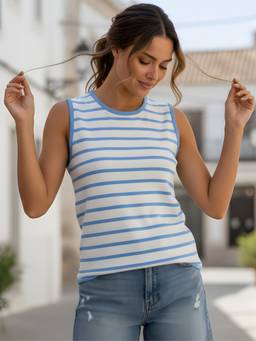 LASOON - Women White Striped Sleeveless Fabric Regular Fit Top