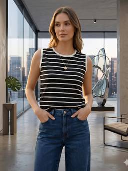 LASOON - Women Black Striped Sleeveless Fabric Regular Fit Top