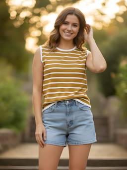 LASOON - Women Mustard Striped Sleeveless Fabric Regular Fit Top
