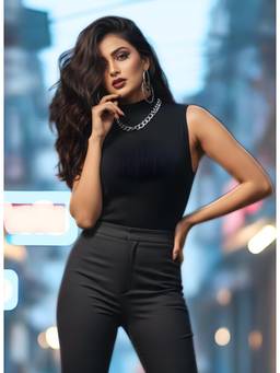 LASOON - Women Black Elegant Chic Ribbed High Neck Sleeveless Top