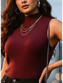 LASOON - Women Maroon Elegant Chic Ribbed High Neck Sleeveless Top