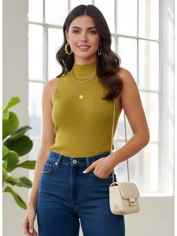 LASOON - Women Green Elegant Chic Ribbed High Neck Sleeveless Top
