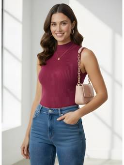 LASOON - Women Wine Elegant Chic Ribbed High Neck Sleeveless Top