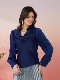 Latin Quarters - Women Blue Solid Cowl Neck Full Sleeves Casual Top