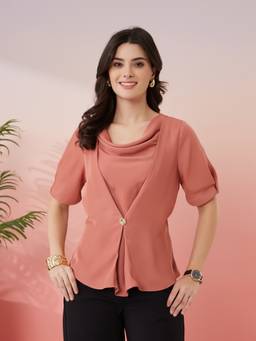Latin Quarters - Women Peach Solid Cowl Neck Half Sleeves Casual Top