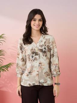 Latin Quarters - Women Beige Printed V-Neck Casual Top