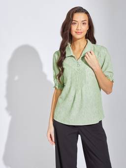 Latin Quarters - Women Green Solid Collar Neck Half Sleeves Casual Top