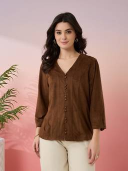 Latin Quarters - Women Brown Solid V-Neck Casual Top