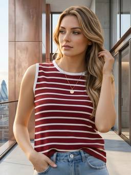 LASOON - Women Maroon Sleeveless Striped Stylish Top
