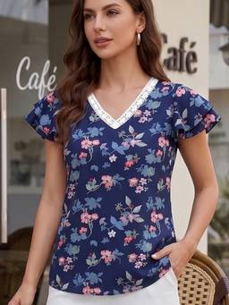 Style Quotient - Women Navy Blue Floral Printed Smart Casual Polyester Top