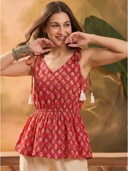 Kaori By Shreya - Women Red Printed Cotton Shoulder Tie-Ups Peplum Top