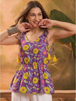 Kaori By Shreya - Women Purple Printed Cotton Shoulder Tie-Ups Peplum Top