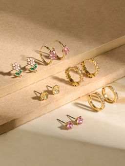 Accessorize London - Women Gold Flower Pink Stud and Hoop Earrings Pack of 6