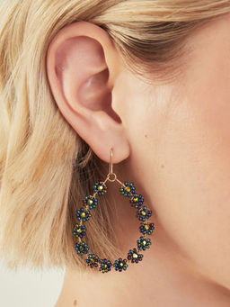 Accessorize London - Women Green Flower Bead Oval Hoop Earrings